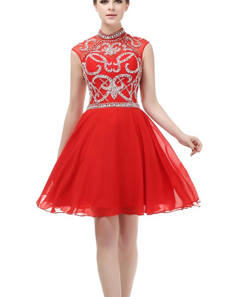 Red Homecoming Dresses,High Neck Homecoming Dresses,Homecoming Dresses Chiffon,Beads Graduation 